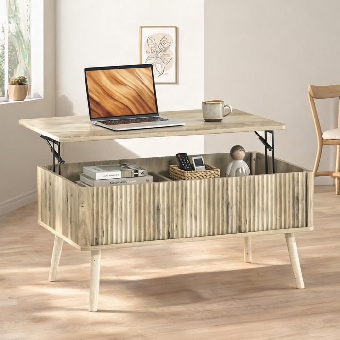 Table basse relevable design contemporain en MDF finition chêne 2 compartiments cachés 91x56x43 cm