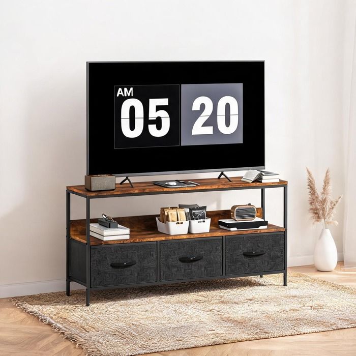 Meuble TV bas style industriel brun rustique 120 cm avec 3 tiroirs pliables et cadre acier