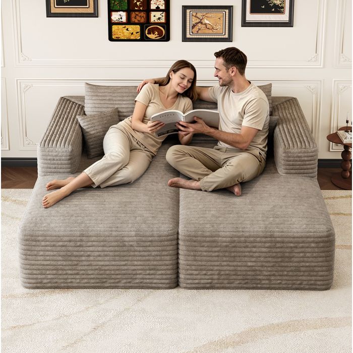 WUVRIE Canapé dangle modulable 2 places chaise longue réversible tissu corduroy camel sans montage