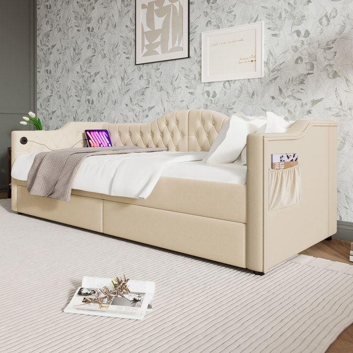 Lit banquette capitonné AESVAR 90 x 200 cm en velours beige USB Type-C 2 tiroirs sans matelas