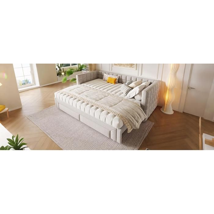 Lit gigogne extensible 90 x 200 cm AESVAR avec 2 tiroirs velours beige sommier à lattes sans matelas