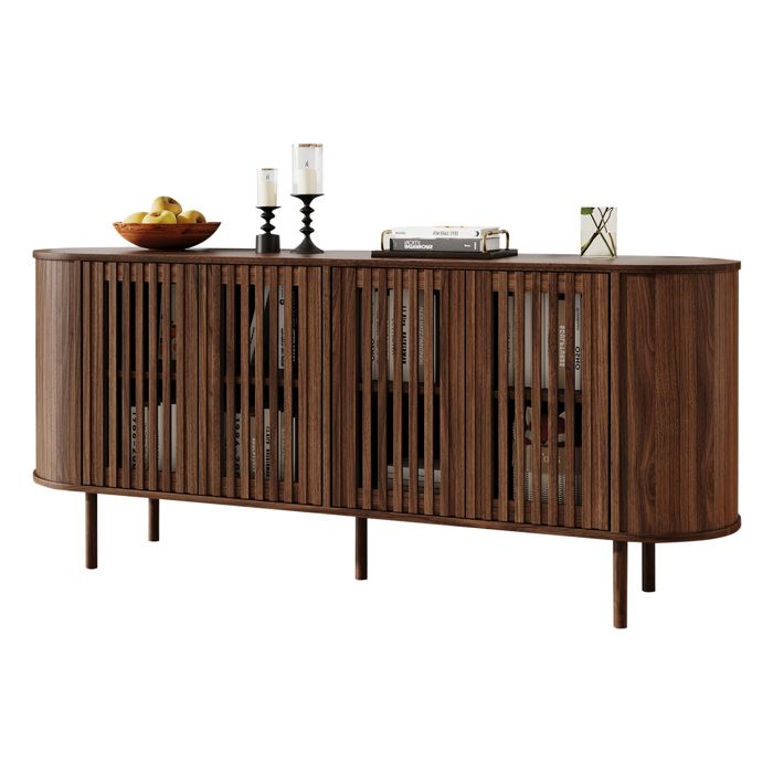 Maisentiel Buffet bas 160 x 40 x 70 cm en MDF couleur noyer 4 portes coulissantes perforées pieds métal