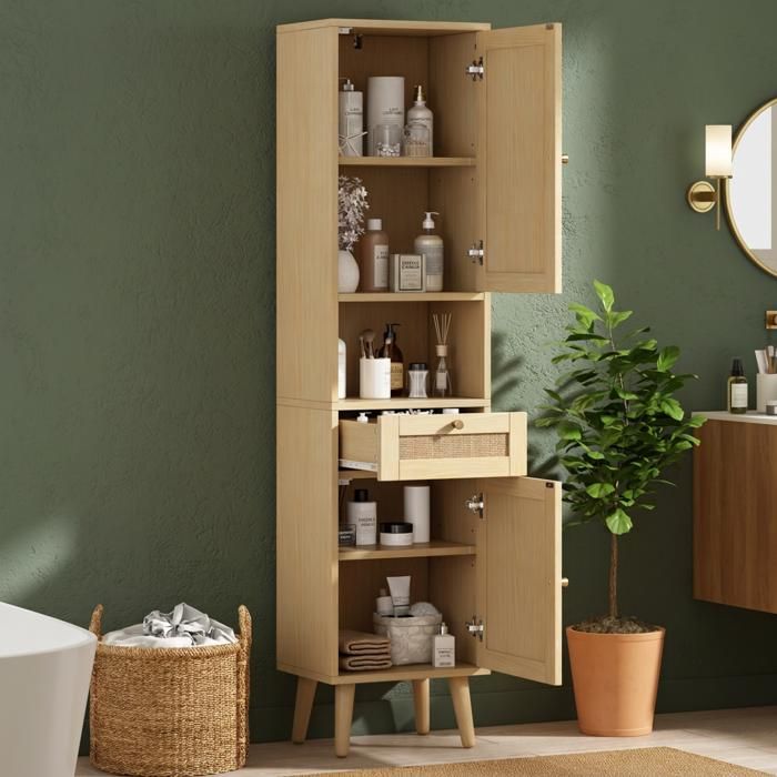 Colonne Salle de Bain Rotin 166cm Meuble Rangement sur Pied Bois Naturel avec Tiroir et Porte Réversible Norevia