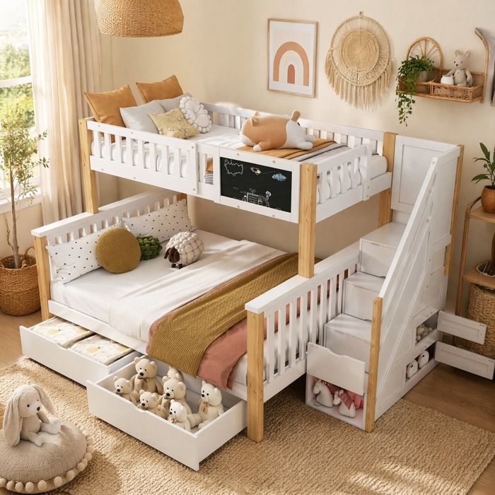 Lit superposé enfant blanc et chêne clair 252 x 94 5 x 158 cm avec tableau escalier rangement tiroirs sommier