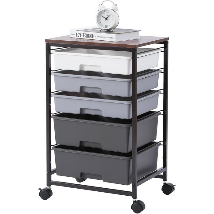 Chariot De Rangement 5 Tiroirs Avec Plateau Bois Desserte À Roulettes Grande Capacité Structure Métal Pour Cuisine Bureau Chambre
