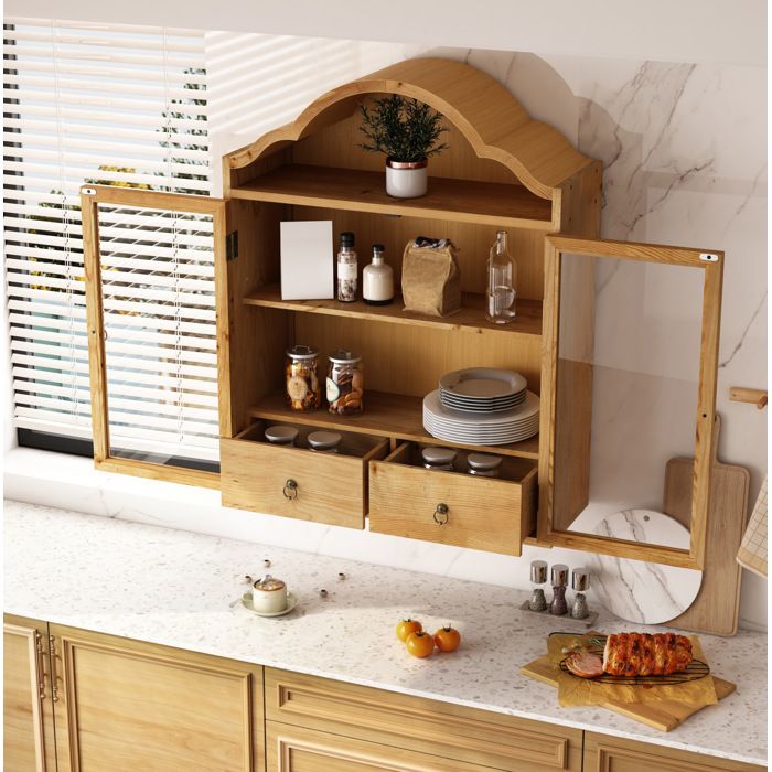 Vitrine murale naturelle 60 x 22 x 76 5 cm portes vitrées 2 tiroirs étagères réglables style rétro