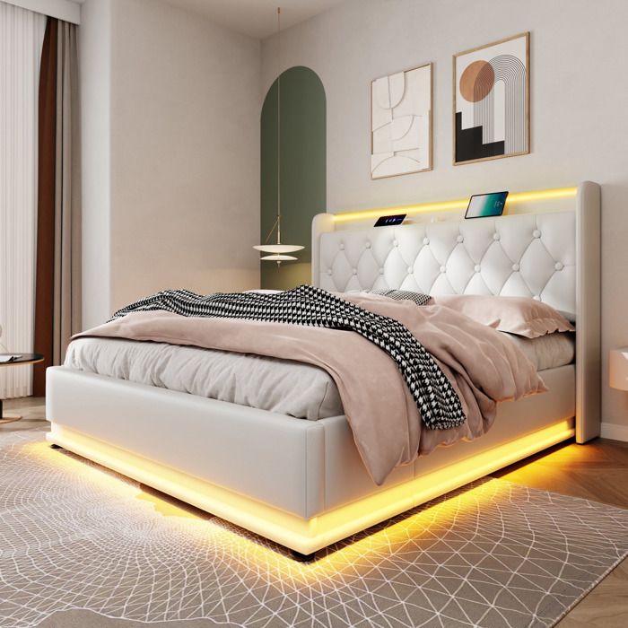Lit capitonné 180x200 cm blanc LED USB-C rangement hydraulique Lit capitonné 180x200 cm blanc LED USB-C rangement hydraulique