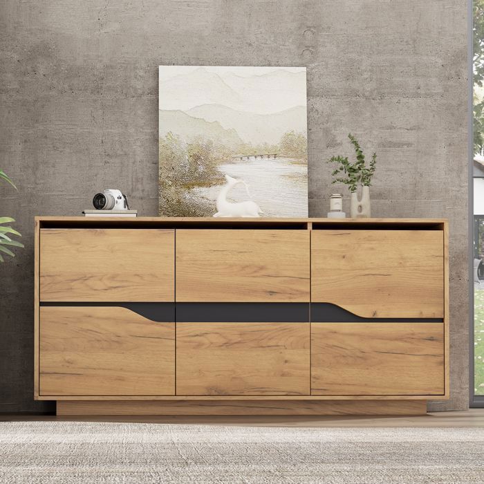 Buffet Bas 140 cm Enfilade 3 Portes Étagères Réglables Sans Poignées Effet Bois et Noir
