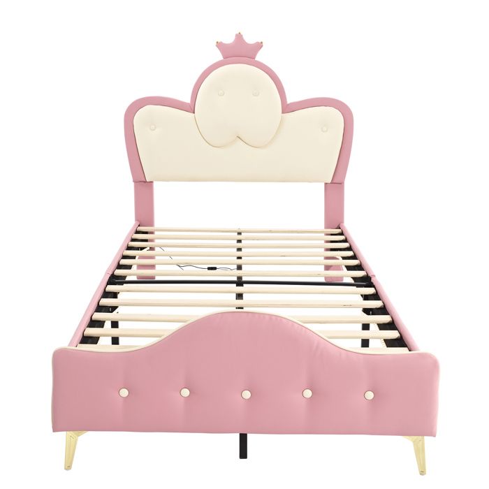 Lit enfant 1 place rembourré 90 x 200 cm PU rose et blanc tête de lit couronne et bandeau LED