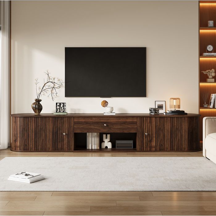 COVREO Meuble TV bas 180 cm aspect noyer 2 portes à rideau 1 tiroir et niche ouverte pour TV jusquà 75 pouces
