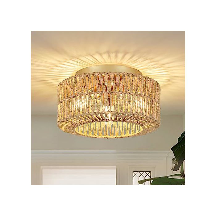 Plafonnier Boho Style en Rotin 3 Flammes - Lampe de Plafond en Bambou pour Salon Chambre Cuisine Entrée - Vintage avec Abat-jour