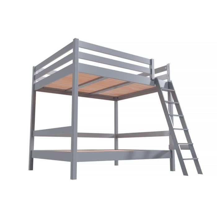 abc meubles lit superposé adulte 2 places double échelle bois sylvia 160x200 gris aluminium