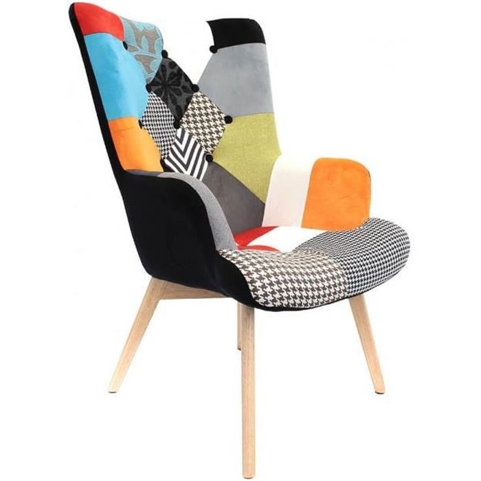 fauteuil patchwork motifs colorés - altobuy - kerava - gris - tissu - bois massif - relaxation