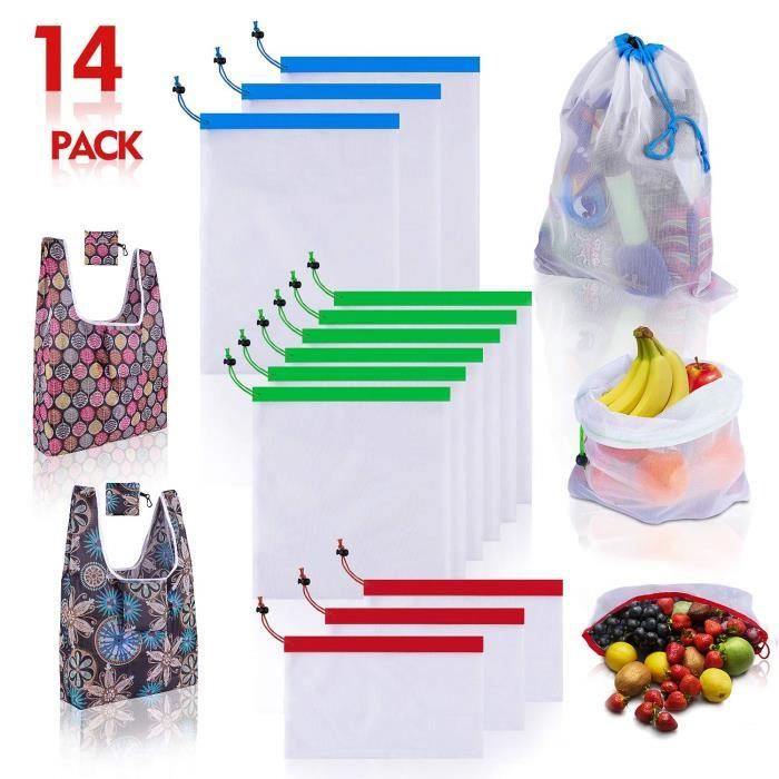 Sacs Filet Réutilisables - Lot De 10 - 3 Tailles (42x30cm, 36x30cm, 19x30cm) - Pour Courses Légumes Et Plus