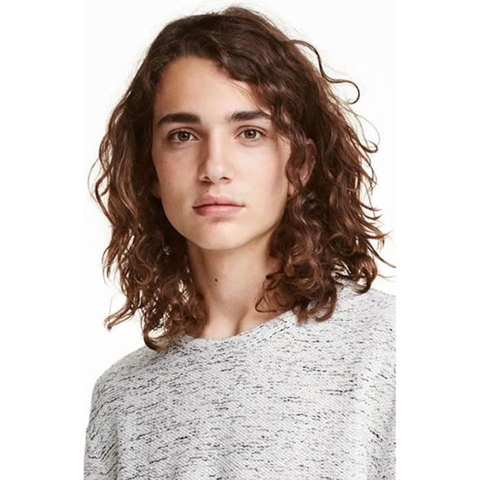 Perruque Courte Homme Brun Foncé - Synthétique Bouclé Texture Naturelle 45cm