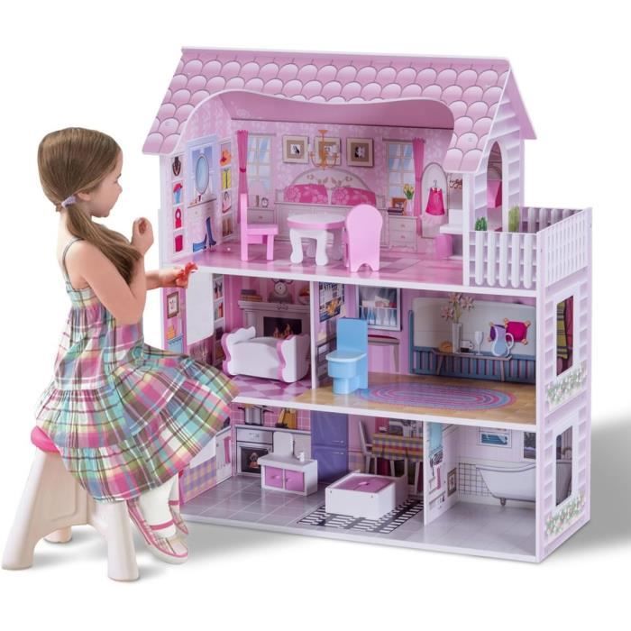 Costway maison de poupées en bois avec 8 meubles 3 étages et 6 pièces salle  de jeux jouets pour enfant de 3 à 7 ans 71 x 23,5 x 87 cm multicolore -  Conforama