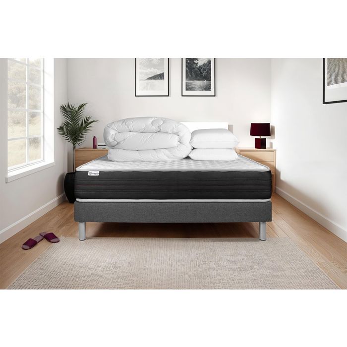 Pack lit complet 200x200 cm - Matelas + Sommier Gris (en kit) + 2 oreillers + Couette - Vitalmemo One Gris