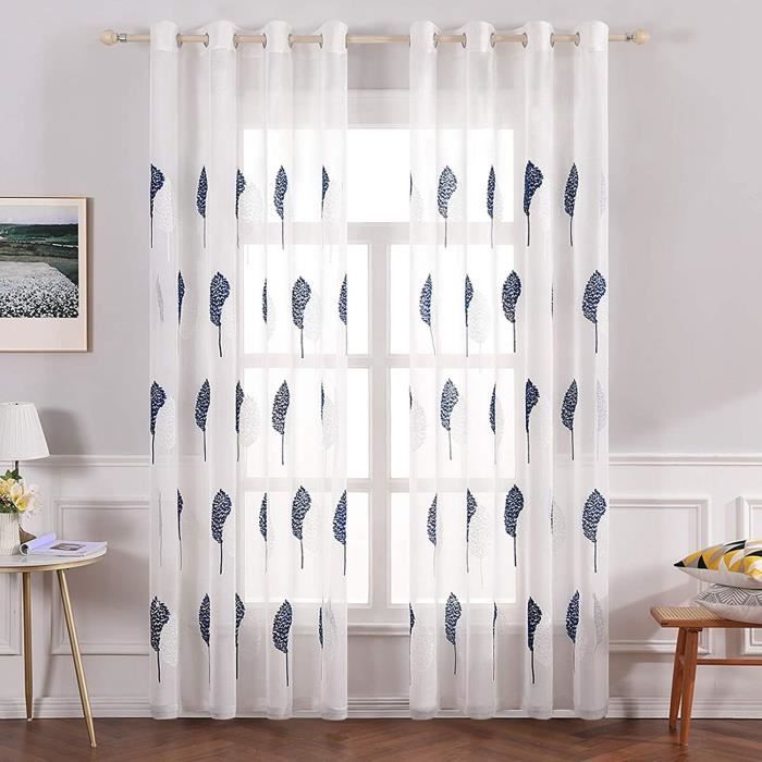 Rideaux - 2Pcs Voilages Feuilles Broderie - 100x200cm - Semi-Transparents - Bleu