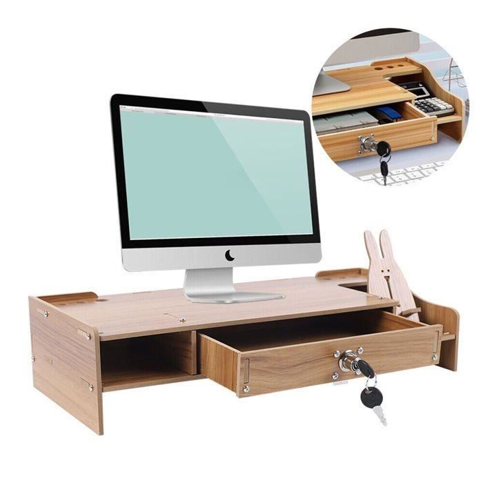 Support D'écran D'ordinateur Avec 2 Tiroirs - Organisateur De Bureau En Bois Pour Moniteur, Livres, Stylos
