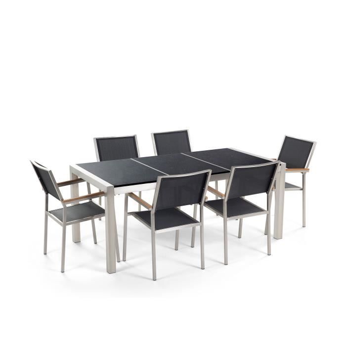 Ensemble table et chaises de jardin en acier inox et granit noir poli - Beliani GROSSETO Ensemble table et chaises de jardin en acier inox et granit noir poli - Beliani GROSSETO