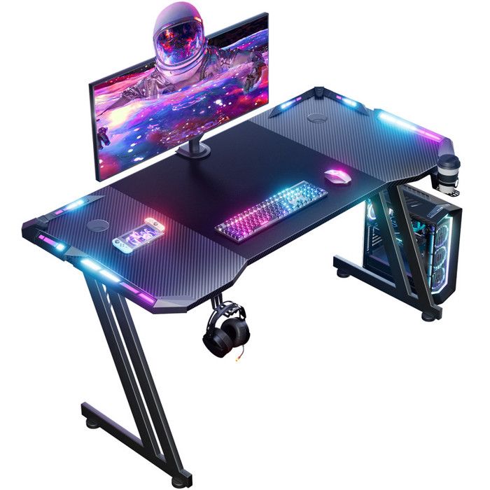 HLONONE Bureau Gaming LED 160 x 60cm Grande Bureau Gamer avec Tapis de Souris Porte-gobelet et Crochet pour Casque Noir