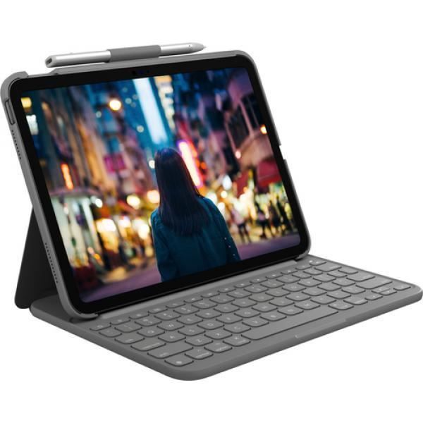 Logitech Slim Folio - Clavier et étui folio - Sans fil - Bluetooth LE - QWERTZ - Allemand - Gris Oxford - pour Apple iPad Wi-Fi 10,2