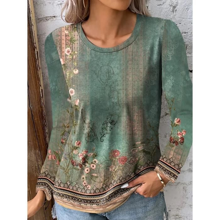 Riou Chemisiers Pour Femme Printemps Été Lin Boho Imprimé Rétro Col En V Chemise Basique Mode