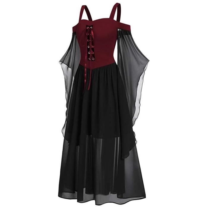 Robe Gothique Femme Médiévale Vintage - Longue Noire Manches Épaules Découvertes - Pour Halloween, Bal, Carnaval