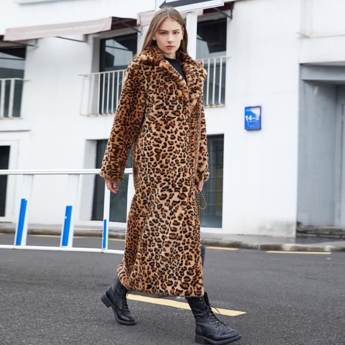 Veste Femme Imprimé Léopard Fausse Fourrure - Longueur Mi-longue - Tissu Épais - Poches - Automne/Hiver