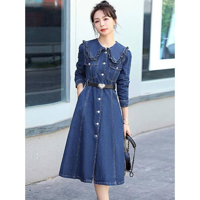 Female Jeans Dress Korean 2026.Women jeans dress long sleeve with button and pocket - blue Blue ...