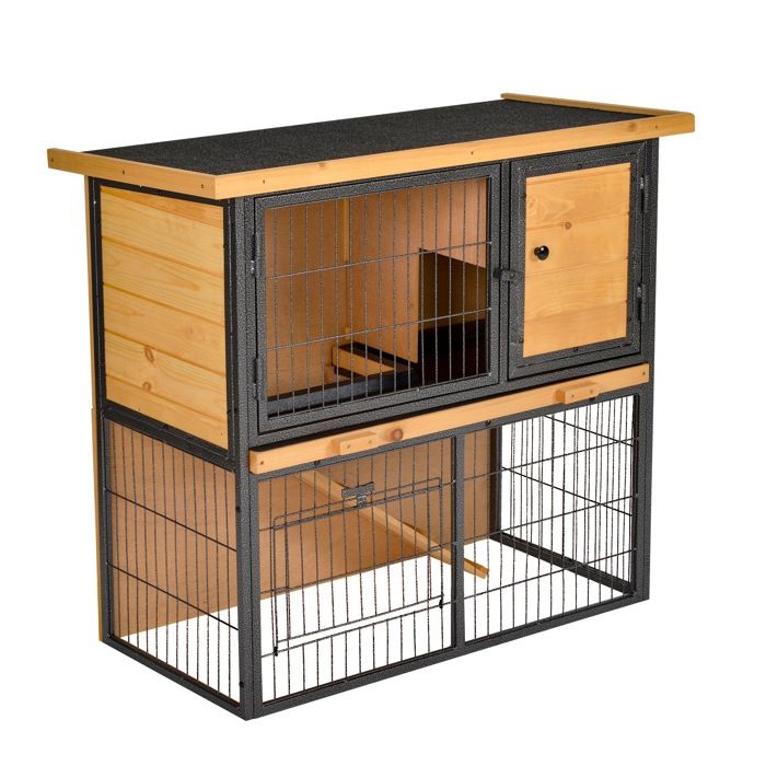 Clapier à lapin - PawHut - cage 2 niveaux 3 portes verrouillables rampe toit ouvrant bitûmé - bois - naturel
