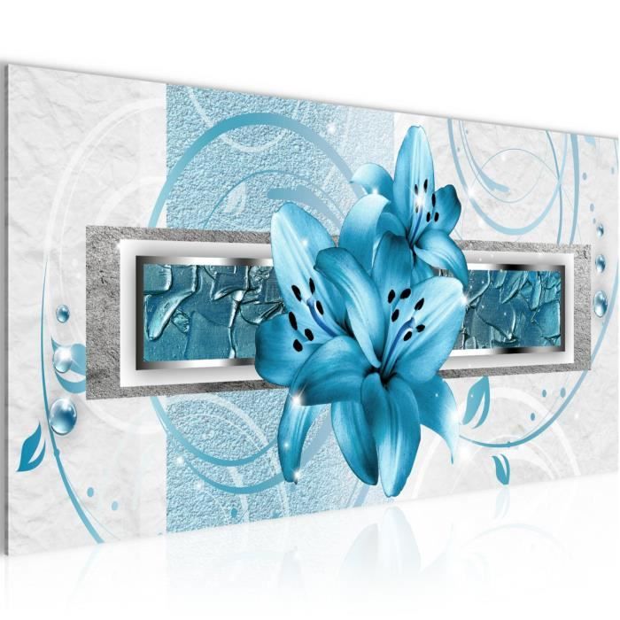 Tableau Déco Fleurs Lotus Sur Toile 100x40cm - Impression Moderne Bleu Pastel - ARTTOR