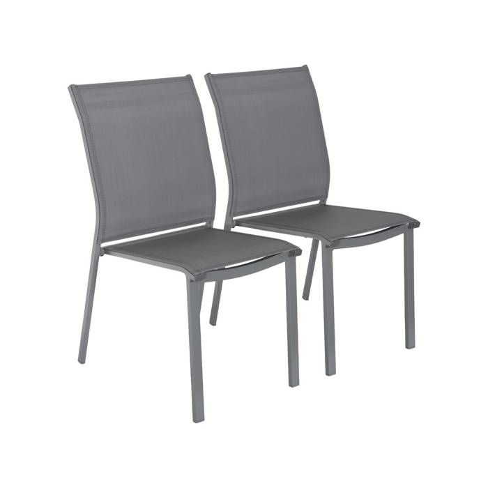 Lot de 2 chaises de jardin CLEVELAND empilables aluminium et textilene anthracite. 64.5 x 45.5 x 89.5 cm Lot de 2 chaises de jardin CLEVELAND empilables aluminium et textilene anthracite. 64.5 x 45.5 x 89.5 cm