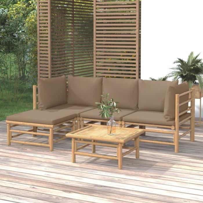 vidaXL Salon de jardin 5 pièces avec coussins Bambou - vue 2