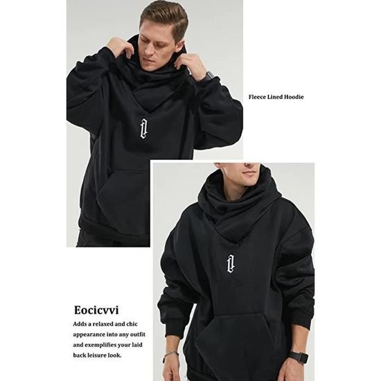 Sweat Homme a Capuche Pull a col roule Chic Polaire Chaud Hoodie pour Hiver et Automne noir