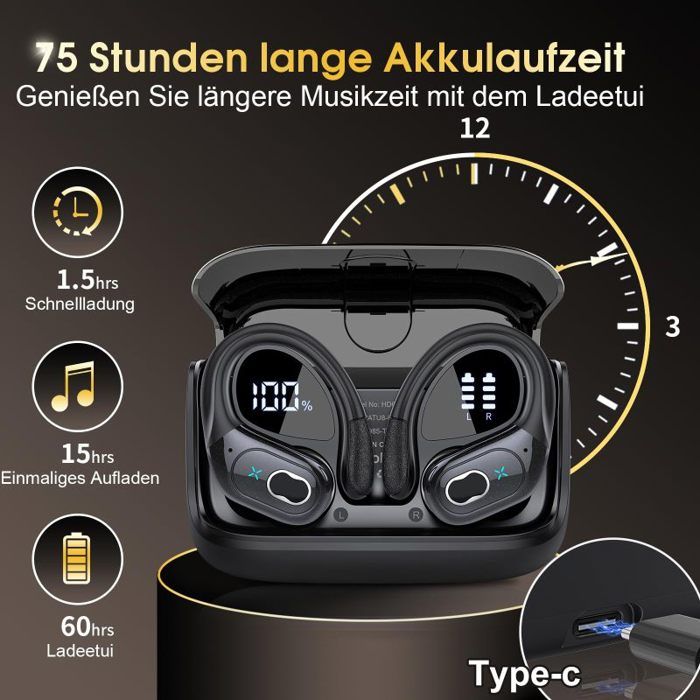 Écouteurs Bluetooth Sport 2025, 5.4 Hifi Stéréo, Micro, IP7, 40H, LED, Noir - TV Son Photo