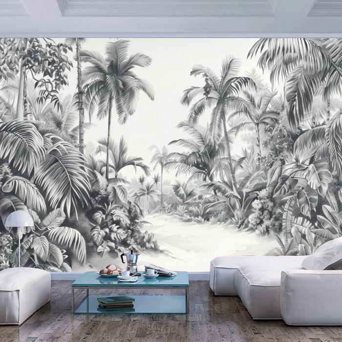 Papier Peint Panoramique Palmiers de jungle tropicale simples en noir ...