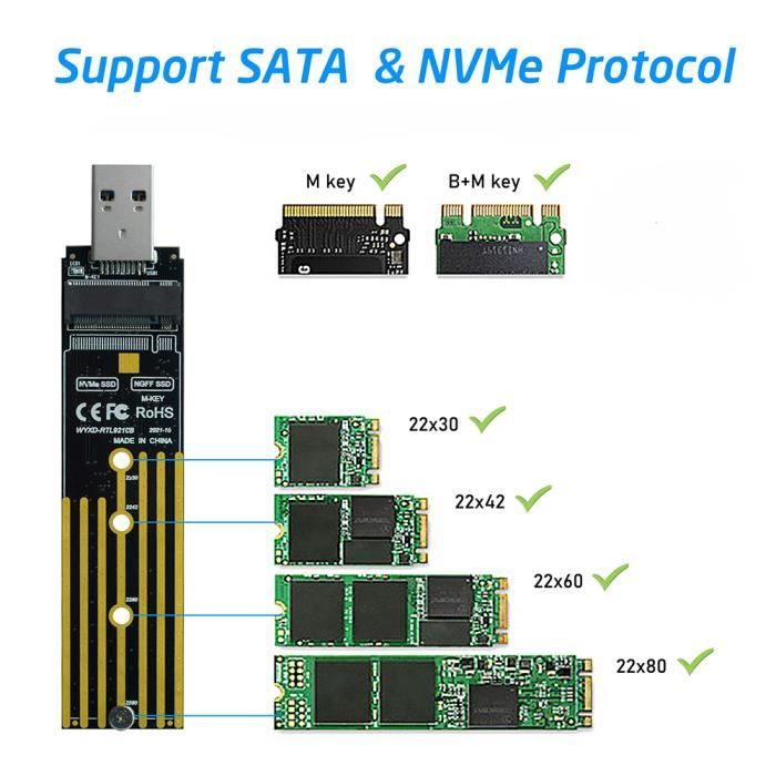 Disque SSD M2 Double NVMe Sata/NGFF M2 SSD vers USB3.1 Adaptateur 10G pour  Disque