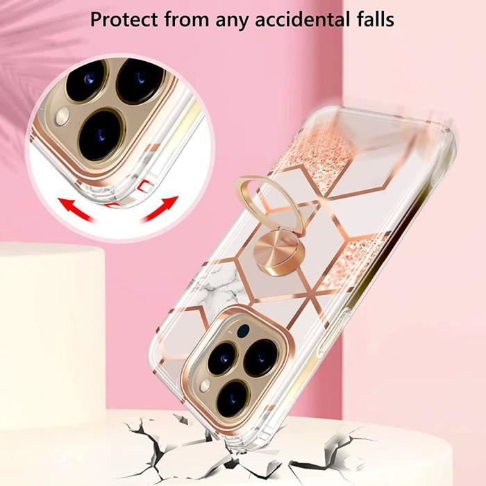 Coque IPhone 15 Pretaco Avec Support Fleur Dorée Rotative 360° - TPU Absorbant Les Chocs - Rose Luxe Pour Femme