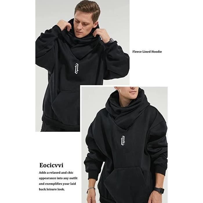 Sweat Homme à Capuche Pull à col roulé Chic Polaire Chaud Hoodie pour Hiver  et Automne noir