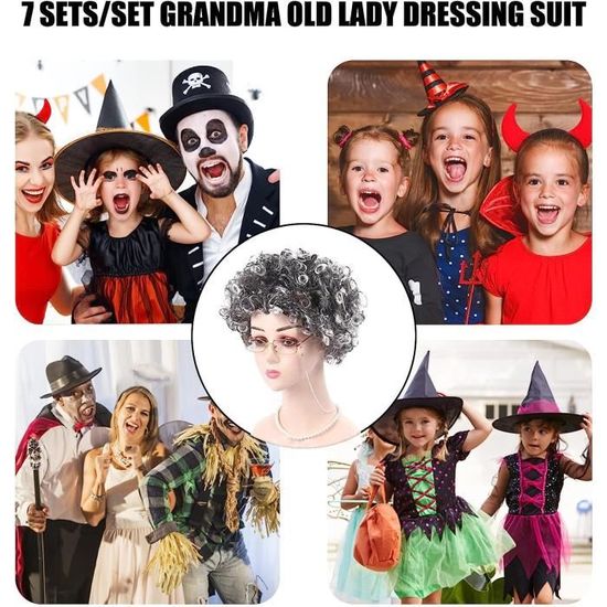 Nouveauté Costume de vieille dame pour enfants - 5 pcs Set pour le 100e  jour d'école Costume de grand-mère pour enfants filles, perruque grise,  lunettes avec chaîne, casquette de perruque, collier
