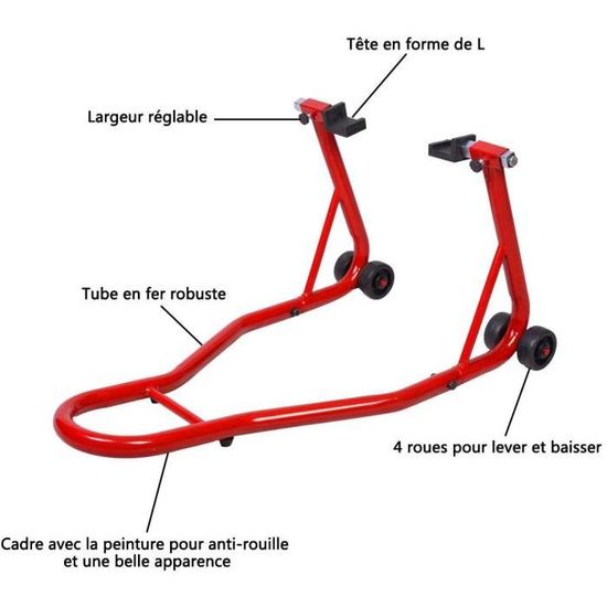 Béquille d'Atelier Lève Moto Support de Roue Paddock Moto avec Bras Réglable  Noir/Rouge - Costway