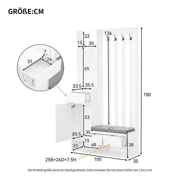 Meuble D'entrée Multifonction Merax - Avec Porte-manteaux, étagère Et Range-chaussures, 75x35x195 Cm, Blanc & Bois, Montage Facile