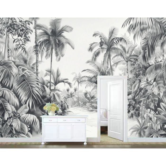 Papier Peint Panoramique Palmiers de jungle tropicale simples en noir ...