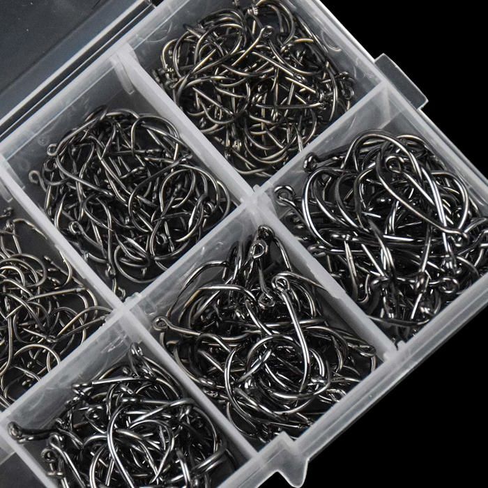 AvoDovA 100 hameçons de pêche, 10 tailles, cercle et barbelé, acier à haute teneur en carbone, 3# - 12