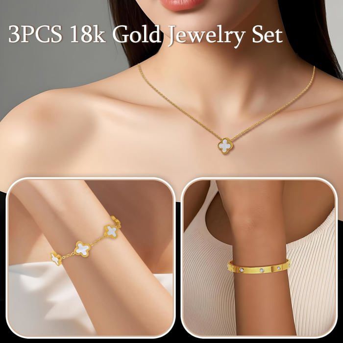 Ensemble Bijoux Trèfle à Quatre Feuilles Femme - Collier, Boucles D'oreilles, Bracelet En Acier Inoxydable Plaqué Or 18K