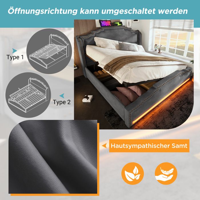Lit coffre 140 x 200 cm, lit double avec USB et LED, tête de lit capitonné avec rangement, lit 140 x 200 cm avec sommier, lit hydraulique, velours beige Lit coffre 140 x 200 cm, lit double avec USB et LED, tête de lit capitonné avec rangement, lit 140 x 200 cm avec sommier, lit hydraulique, velours beige