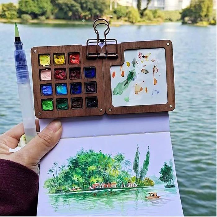 Mini Kit Aquarelle De Voyage, Palette En Bois 15 Cases Avec 24 Couleurs