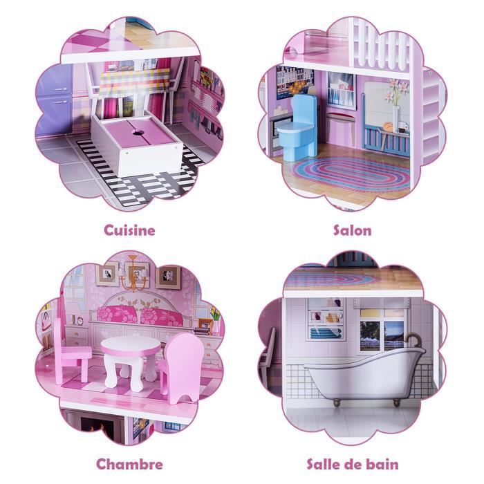 COSTWAY Maison de Poupée en Bois à 3 Etages avec 5 Pièces et 10 Meubles,  Maison Barbie Rose avec Autocollants Princesses, Jeu d'Imitation pour  Enfants de 3-7 Ans, 60 x 25 x 70 cm