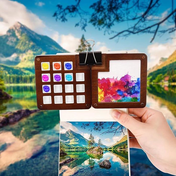 Mini Kit Aquarelle De Voyage - Palette Bois 15 Cases, 24 Couleurs, 2 Pinceaux, Carnet Et Clip Cuivre - 7